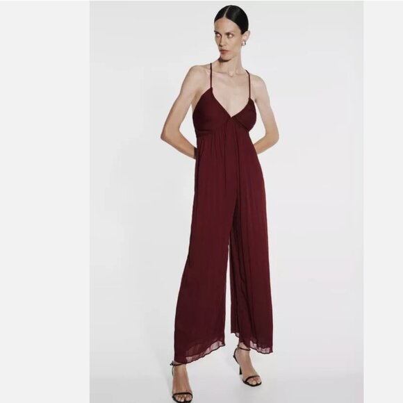 NWT ZARA LONG CROSSED BACK JUMPSUIT Chiffon Fabric Small Bloggers Fave Burgundy - Picture 1 of 13